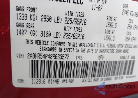 2008 Chrysler Town & Country Touring from USA, damaged, VIN 2A8HR54P48R663577